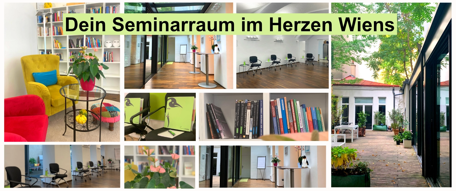 Ein Collage von 9 Bildern. Man sieht die Seminarräume von sinnvollFÜHREN, inkl. Terrasse und Wintergarten.